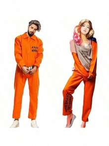 1pc Adult Men's Orange Prisoner Costume, New Arrival European And American Style Convict Outfit - Burnt Orange - View 1