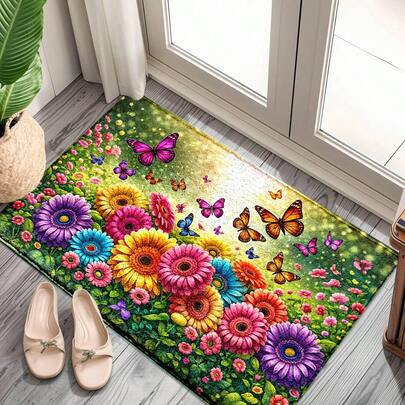 1pc Spring & Summer Series Colorful Retro Floral Pattern Printed Faux Wool TPR Bottom Doormat, Bathroom Mat, Kitchen Mat, Laundry Room Mat, Holiday Atmosphere Decor, Home Decor, Party Decor, Wedding Decor, Dining Decor