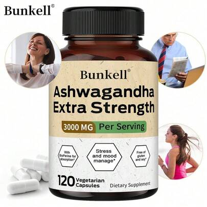 Bunkell Premium Ashwagandha Extract Dietary Supplement - With Black Pepper - 120 Capsules - Enhanced Absorption - Supports Stress  And Mood Health