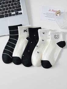 5双装女士可爱甜美蝴蝶结、条纹、波点、小狗图案短袜，白色、黑色，ins风，舒适休闲中筒袜，学生款，颜色随机，适合日常穿着，四季皆宜 - 彩色 - 查看 2