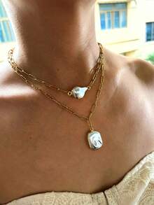 1pc Fashionable Versatile Asymmetrical Baroque Style Pendant Stainless Steel Necklace For Women - Necklace - View 5