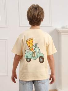 Tween Boy Riding Pizza Cartoon Print T-Shirt, Soft And Comfortable Fabric, Suitable For Boys Outdoor Sports, Casual Wear, Street Style, Campus Style, Fashionable Tween Boys Spring/Summer Casual Versatile Top - Apricot - View 2