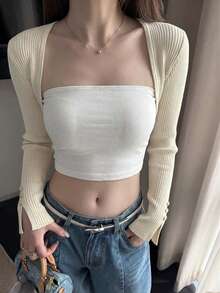 Chill Style Cropped Knit Cardigan, Women's Spring/Summer Shrug Bolero, New Arrival Long Sleeve Button Detail Top For Layering - Apricot - View 5