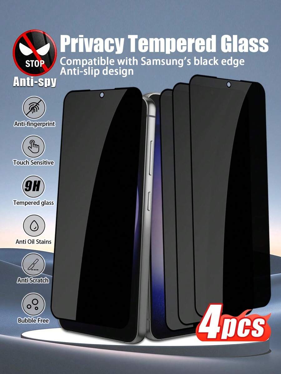 4pcs Tempered Glass Privacy Screen Protector, Compatible With Galaxy A14 5G/A15/A23/A34/A35/A54/S23 FE/A55/Galaxy S21/S22/S23/S24 Ultra/S25 Ultra, Easy To Install, Anti-Collision, Anti-Fingerprint, Anti-Scratch - Black - View 1