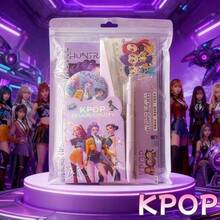 Kpop恶魔猎人组合高价值文具套装，包含1套尺子（4卷带清晰刻度的测量尺）、1枚卡通胸针和1支可伸缩紫色速干凝胶笔。 - 彩色 - 查看 4