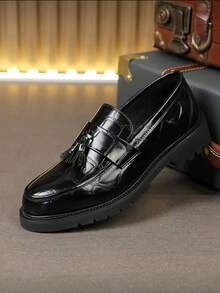 Men's Personalized Dress Loafers - Slip-On Fringe Patent Leather Elevator Dress Shoes For Teens, Hairstylists & Casual Fashion - 黑色 - 查看 2