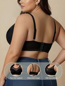 Plus Size Women's Black Sexy Mesh Patchwork Wireless Full Coverage Seamless Comfortable Thin Bra - Black - View 5