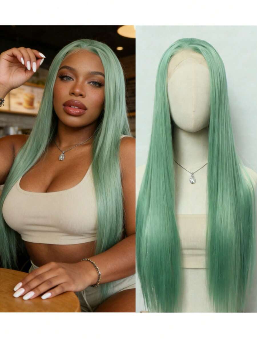 Tóc giả tổng hợp 13*4 ren phía trước, mật độ 180%, có mái, chịu nhiệt và thoáng khí, được làm từ sợi tổng hợp, đường chân tóc tự nhiên, có thể rẽ ngôi tùy ý, phù hợp cho tiệc tùng, mặc hàng ngày, lễ hội âm nhạc, tóc giả thẳng màu xanh lá cây có mái cho mùa xuân/hè. - màu xanh lá - Xem 1