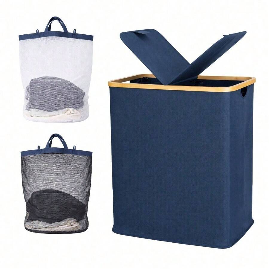 140L Laundry Hamper With Lid And 2 Removable Liners Large Capacity For Dirty Clothes Storage In Bedroom Bathroom - Blue - View 1