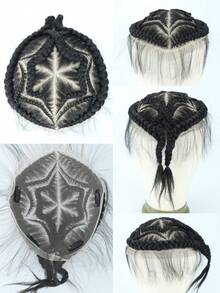 6英寸合成编织假发，独特蕾丝编织设计，平行方格编织，时尚商务发型，适合非洲男士，黑色 - 黑色 - 查看 8