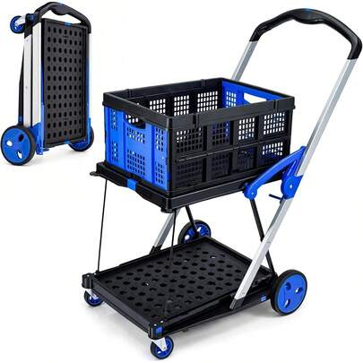 Folding Shopping Trolley With 1 Collapsible Crate & 2-Tier Platform, Wheeled Utility Cart Hand Truck, 360° Rolling Swivel Wheels, Heavy Duty Foldable Grocery Cart For Supermarket, Home, Garden, Camping