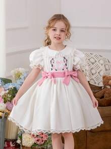 Đầm dự tiệc voan tay cánh hoa thắt nơ cho bé gái, đầm công chúa thanh lịch phù hợp cho sinh nhật lần thứ nhất của bé, tiệc tùng, lễ kỷ niệm, ngày lễ. - trắng - Xem 1