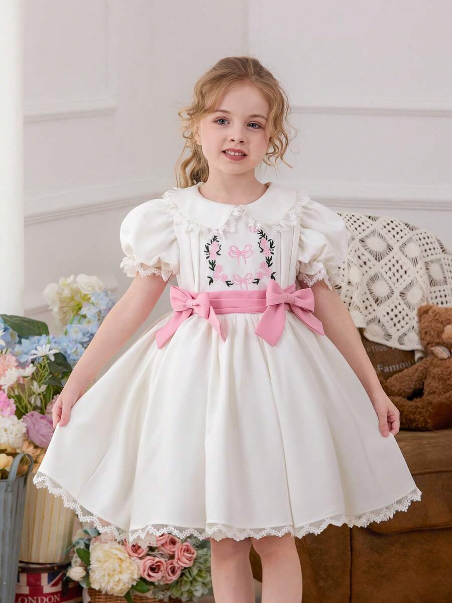 Đầm dự tiệc voan tay cánh hoa thắt nơ cho bé gái, đầm công chúa thanh lịch phù hợp cho sinh nhật lần thứ nhất của bé, tiệc tùng, lễ kỷ niệm, ngày lễ. - trắng - Xem 1