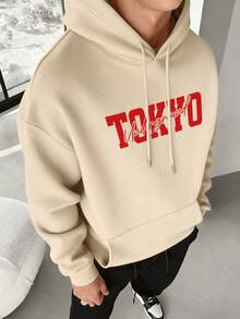 Sudadera con capucha casual y versátil para hombre con estampado de elemento de lema de carreras callejeras, bolsillo canguro y cordón, otoño/invierno - Albaricoque - Ver 2