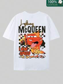 Disney-KA-COW! "Lightning McQueen Fun Printed T-Shirt White Base Loose Short Sleeve American Racing Style Top - White - View 4