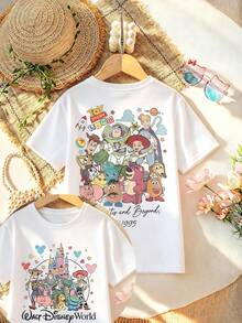 Disney Women's T-Shirt Featuring A Classic Characters From Toy Story Such As Woody, Buzz Lightyear, Jessie, Mr. Pricklepants, Hamton, Red Heart Horse, Three-Eyed Boy, And Bouncy Dog Cartoon Print. Crafted From Soft, Comfortable, And Durable Fabric, This Spring/Summer Women's Crew Neck Tee Is Perfect For Everyday Wear-Shopping, Parties, Travel, Or Gatherings. It Also Makes An Exquisite Gift. - Blanc - Voir 1