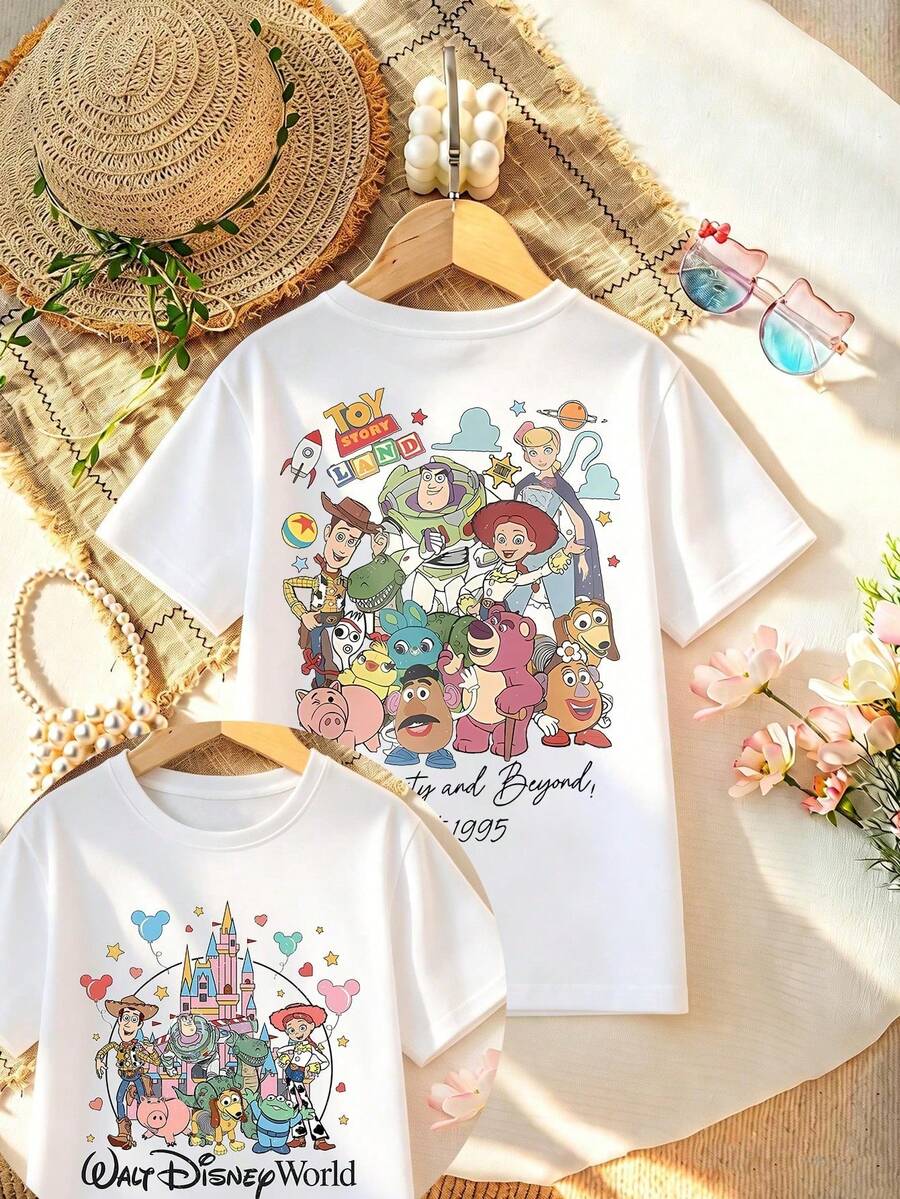 Disney Women's T-Shirt Featuring A Classic Characters From Toy Story Such As Woody, Buzz Lightyear, Jessie, Mr. Pricklepants, Hamton, Red Heart Horse, Three-Eyed Boy, And Bouncy Dog Cartoon Print. Crafted From Soft, Comfortable, And Durable Fabric, This Spring/Summer Women's Crew Neck Tee Is Perfect For Everyday Wear-Shopping, Parties, Travel, Or Gatherings. It Also Makes An Exquisite Gift. - Blanc - Voir 1