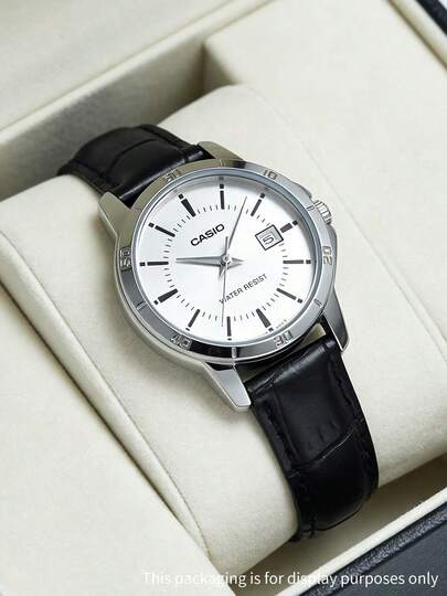 Casio Women's Classic Quartz Watch With Calendar Date Display, Silver Round Dial And Black Textured Leather Strap, Minimalist Business Casual Watch Suitable For Daily Work, Office And Gifts