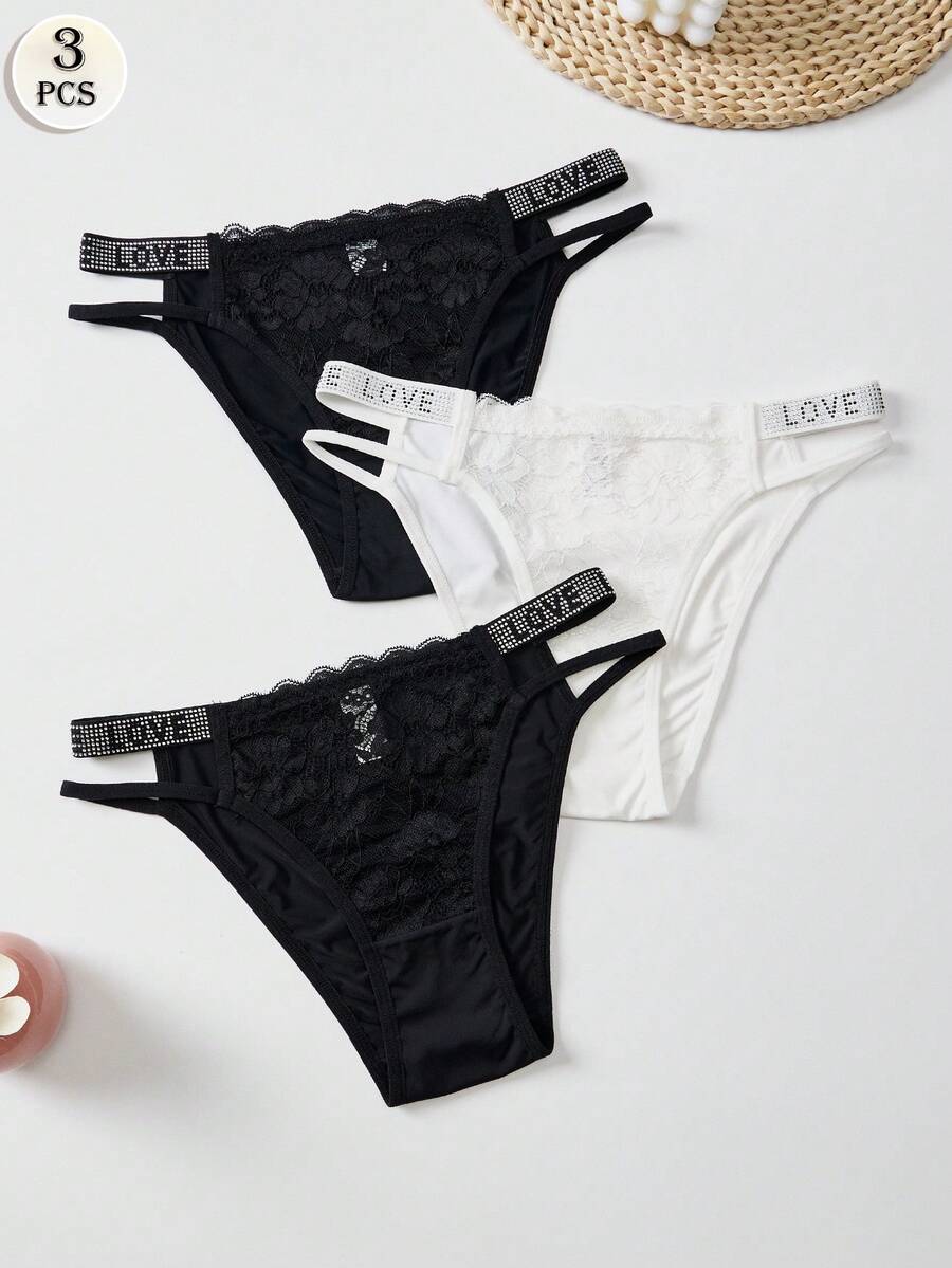 APRSEA 3pcs/Set Women's Sexy Lace Patchwork Heart Pattern Panties, Mature Charming Black Briefs, Shiny Ladies Underwear