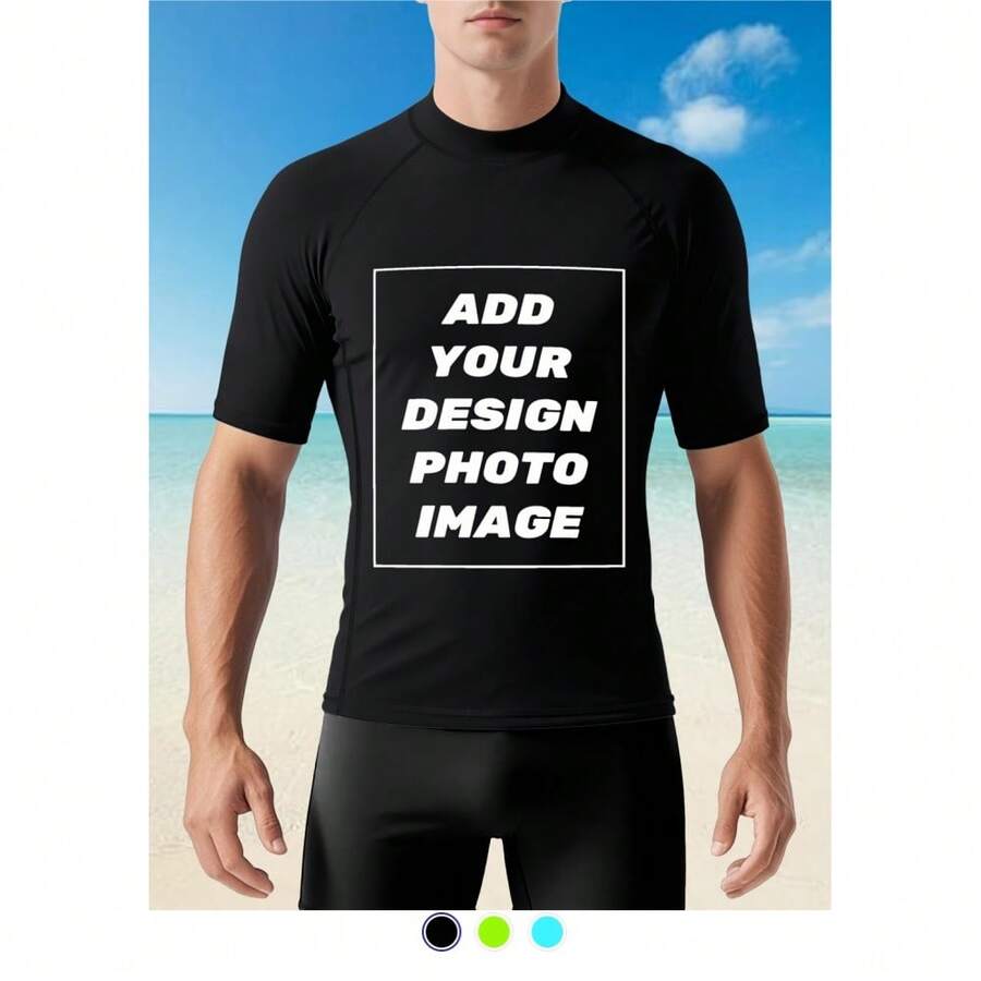 Custom Men's Basic Skins Short Sleeve Rash Guard Swim Shirts Personalized Print Quick Dry Bathing Shirt For Men Fishing Surfing- Add Your Image Photo Design Special Gift - Black - View 1