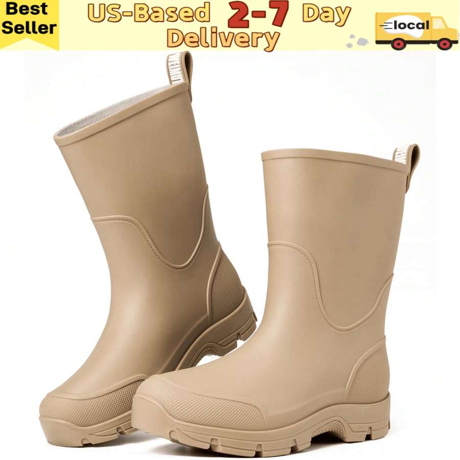 Women's Summer Beige Rain Boots,Waterproof Rain Boots For Men & Women – Beige Mid-Calf Rain Boots, Garden Slip-On Jelly Boots, Lightweight Comfortable Non-Slip Outdoor Work Boots, Ideal For All Seasons Gardening, Farming, Hiking In Rainy & Muddy Conditions - 米色 - 查看 1