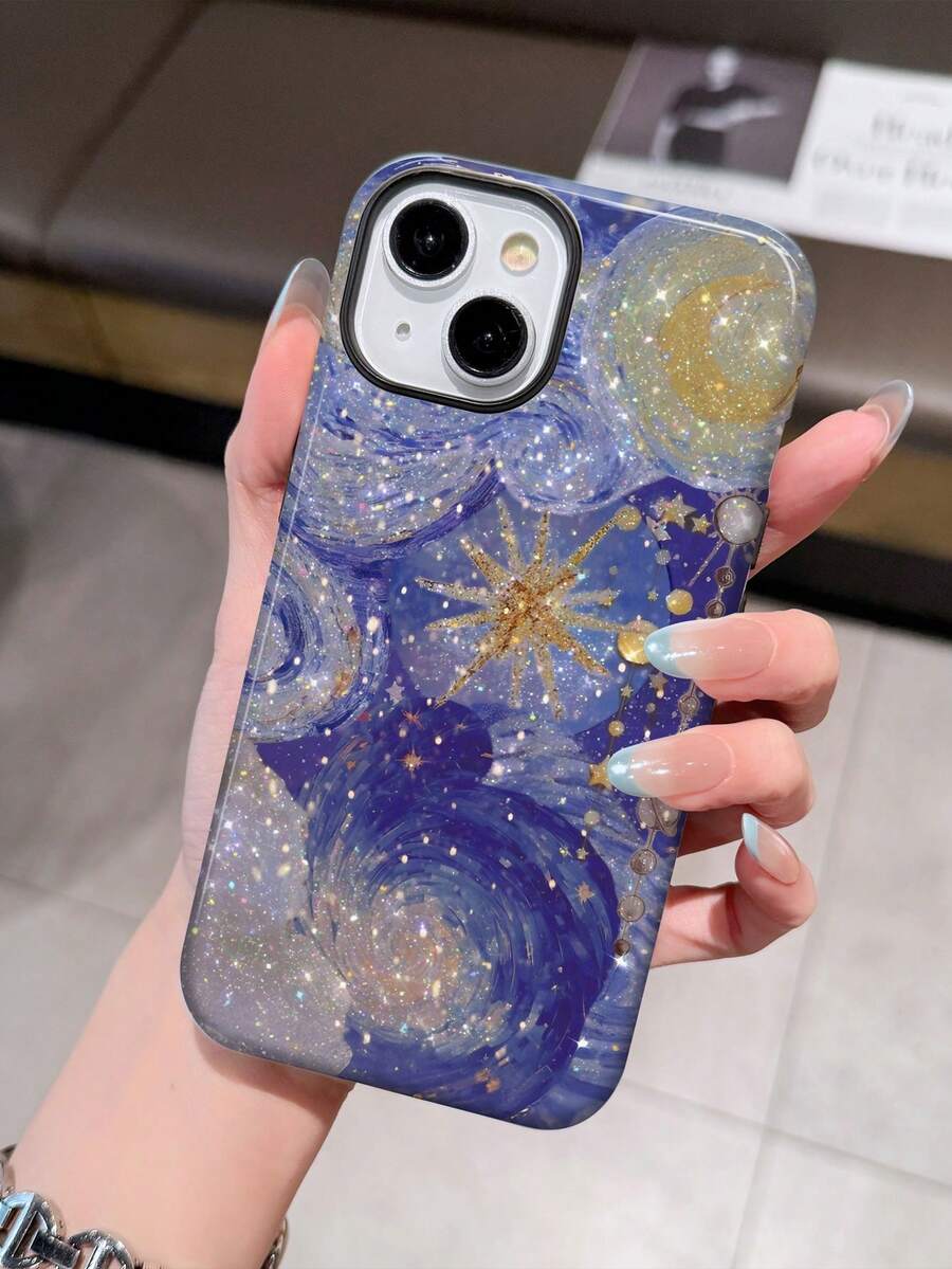 1pc Metallic Glitter Star Pattern Glossy 2-In-1 Phile Shell Full Coverage Hard Phone Case Compatible With Samsung/Compatible With IPhone 11/12/13/14/15/16/17 Pro Max - Multicolor - View 1