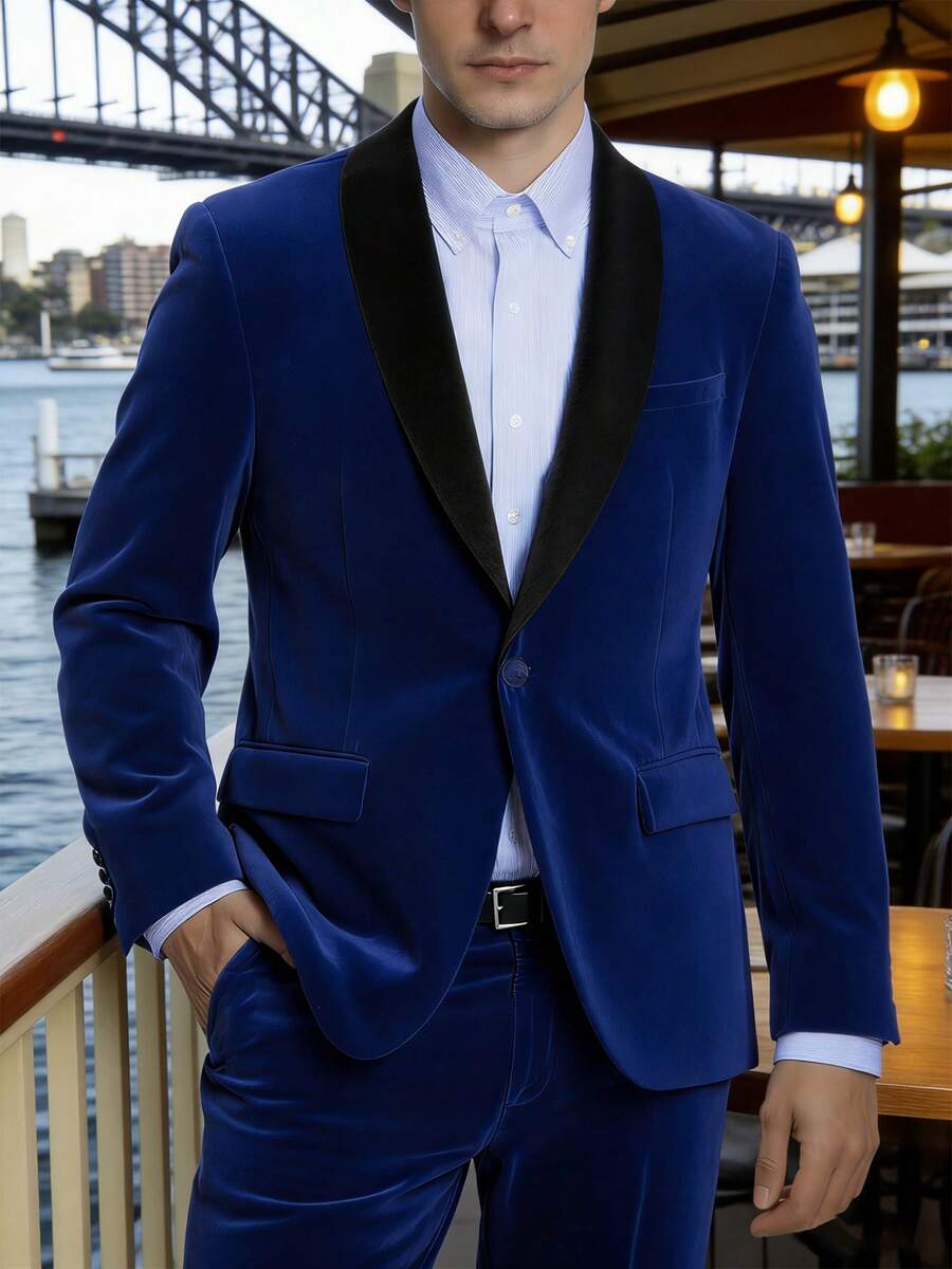 Men Suit Contrast Panel Shawl Collar Velvet Blazer Pants 2pcs Set Royal Blue Slim Fit Fashionable For Wedding Business Party Formal Occasion Size XS-XXXL Fall Winter Clothes Prom Party Christmas Eve Costumes For Men - Xanh đậm - Xem 1