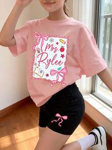 1 Set Mädchen T-Shirt und Shorts, lässiger Street-Style, modisches Outfit, geeignet für Schule, Urlaub und Alltagstragen, Frühling/Sommer Neues Outdoor-Set - Pink - Übersicht 1
