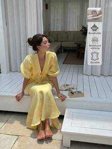 2pcs Linen Casual Elegant Vacation & Daily Wear Outfits, Casual Dresses, Casual Women Outfits, Summer Holiday Outfits, Elegant Women's Set - Yellow - View 2