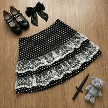 Gothic Japanese Hot Girl Slim Polka Dot Note Skirt Women Design Y2k Lace Bow A-Line Cake Piano Skirts Vintage Embroidery Skirt - 黑色 - 查看 5
