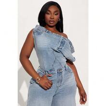 Daily Comfort Casual Fashion Tube Top Shoulder Slim Denim Jumpsuit Jumpsuit - 藍色 - 查看 6