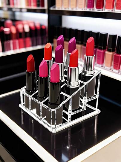 18-Grid Acrylic Lipstick Holder, Multi-Functional Makeup Organizer Box For Lipstick, Nail Polish, Jewelry, Makeup Brushes, Vanity, Countertop Display, Bathroom Countertop Storage, Transparent Plastic Cosmetic Storage Box, Vanity Cabinet Storage Accessories, Home Bathroom Bedroom Vanity Decorative Supplies