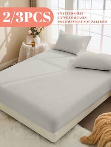 2/3件套100%纯棉床笠套装，纯色床上用品，舒适家纺，柔软透气床垫保护套，亲肤床裙套装，适合四季房间装饰，浅灰色 - 淺灰色 - 查看 3