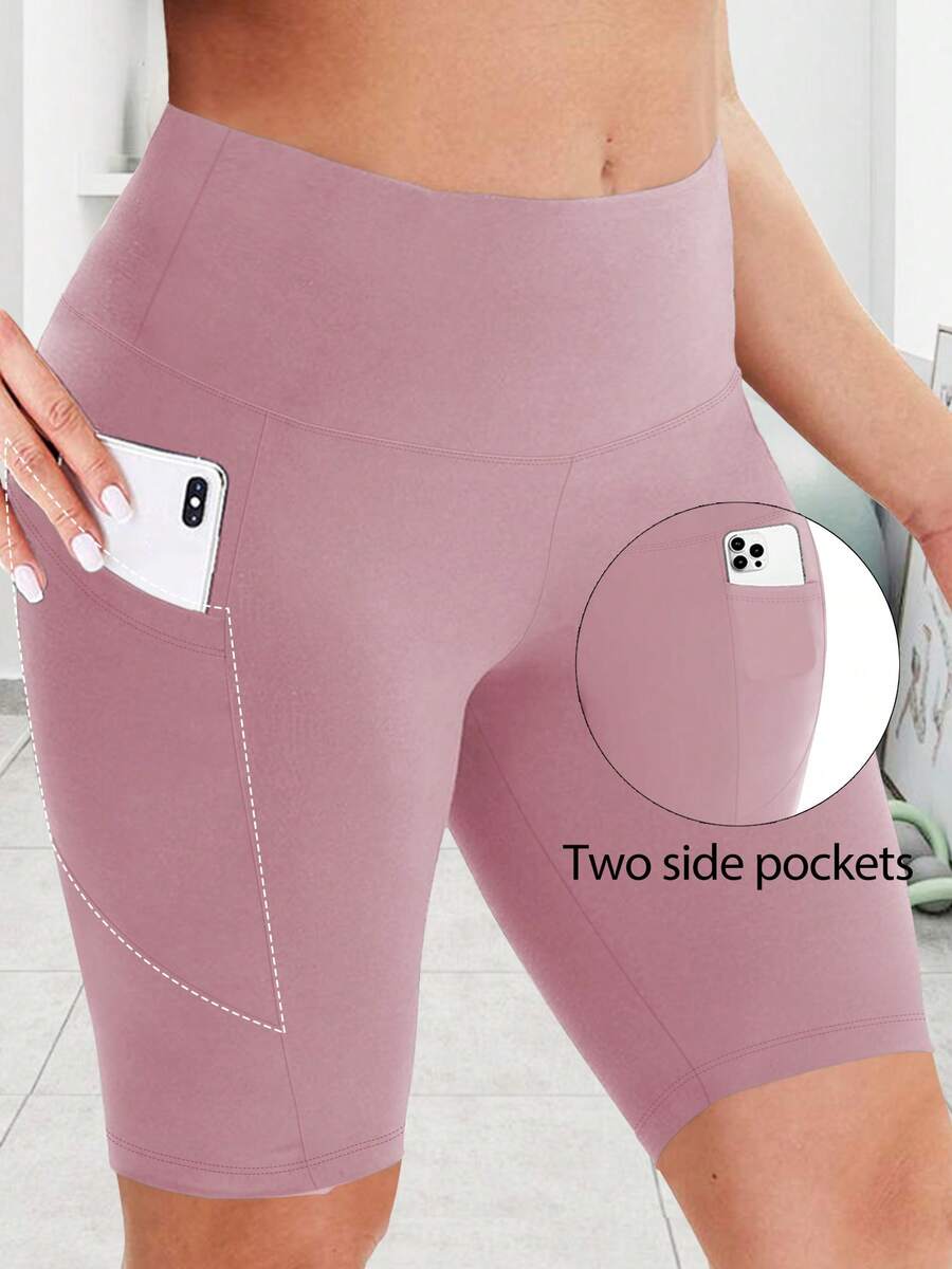Quần yoga cỡ lớn có túi hình lưỡi liềm, quần short đạp xe co giãn mềm mại, quần short Bermuda mặc hàng ngày cho nữ, màu hồng, thích hợp cho mùa hè và thể thao.