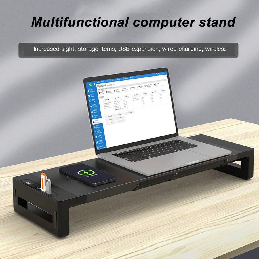 Soporte para Monitor de ordenador USB 3,0, soporte para Monitor de carga inalámbrica, organizador de escritorio de almacenamiento para teclado y ratón, para ordenador portátil y PC - Negro - Ver 1