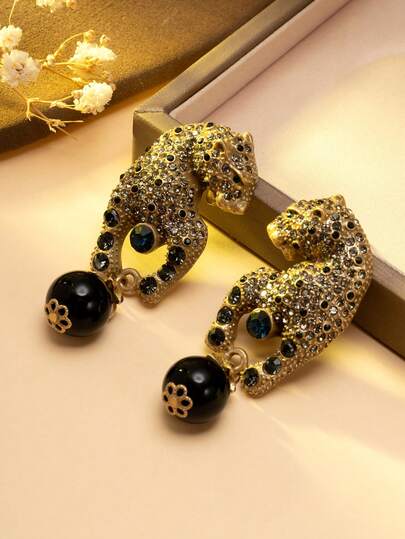 1 Pair Vintage Rhinestone Leopard Earrings, Heavy-Duty Luxury Fierce Look Elongated Black Bead Dangle Earrings For Women