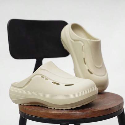 Plus Size Men's Black Hollow Slide Sandals, Summer New Thick Bottom Breathable Clogs, EVA Non-Slip Slippers, Elevated Outdoor Casual Sandals