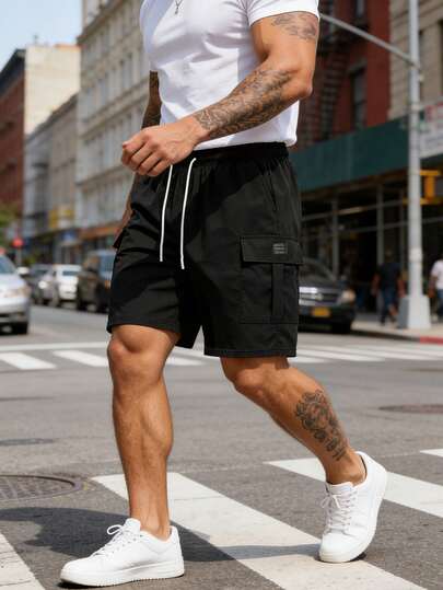 1pc Men's Summer Black Cargo Pocket Casual Shorts, Loose Drawstring Waist Quick-Dry Shorts