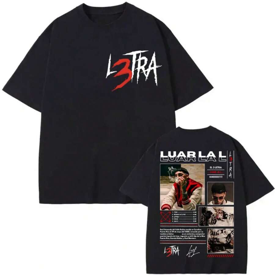 Rap Singer Luar La L Poster Pattern T-Shirt Music Album L3TRA Printed T-Shirt 2025 Summer Men's Women's Cotton Hip-Hop T-Shirt - White - View 1