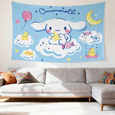  1pc Sanrio Cinnamoroll Tapestry | Light Blue Background With Cloud & Star Motif, Cute Cinnamoroll Holding Star, Sweet Decor Elements (Balloons, Candies), Polyester, Fashion Theme, Pink Room Decoration, Home Ornament For Birth