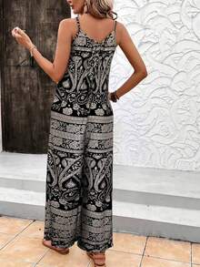 女士露肩露背系带长款印花连体裤 - 无袖连体裤，适合度假、日常穿着、休闲夏季装扮 - 灰色 - 查看 7