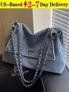 New Fashion Casual Solid Color Denim Effect Metal Chain Strap Flap Cover Women Shoulder Bag,Vintage Washed Jean Flap Over Shoulder Bag For Women, Adjustable Chain Strap Crossbody Purse With Magnetic Snap Closure, Large Capacity Casual Bag Fits Phone, Umbrella, Water Bottle For All Seasons, Travel, Commute & Date Nights In Black, Dark Blue & Light Blue[US Local Warehouse]The Best Gift Choice, Birthday Gift, Christmas Gift - 彩色 - 查看 14