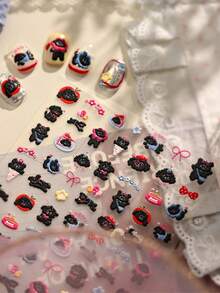 1片可爱黑色小狗卡通浮雕气球花梦幻美甲贴纸，5D自粘美甲装饰，适合女性、宠物爱好者，日常及派对装饰 - 彩色 - 查看 9