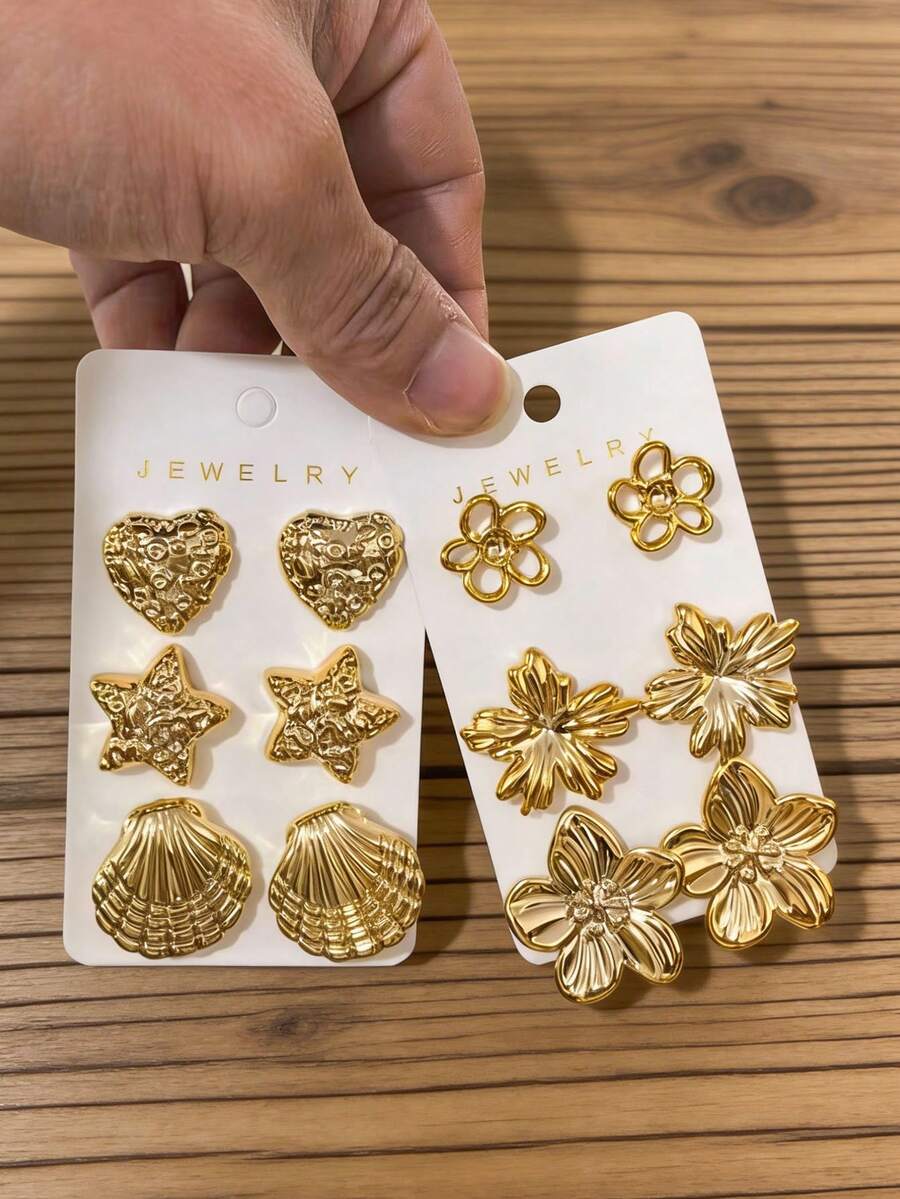 Juego de 6-12 piezas de aretes con temática de flores y océano en color dorado, adecuado para viajes y vacaciones en la playa - Dorado - Ver 1