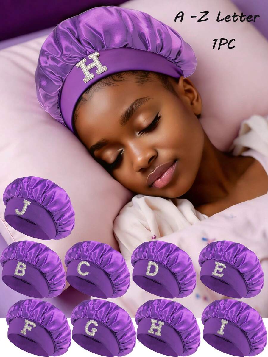 1 Pc A-Z Letter Hats Children' Elastic Wide Brim Satin Sleeping Cap Elastic Caps Fit, Hair Protection, Ultra Soft & Breathable With Anti-Slip Lining - Purple - View 1