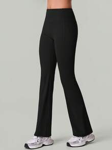 女士高腰时尚休闲喇叭紧身裤，带侧袋，适合舞蹈、瑜伽、健身和跑步 - 黑色 - 查看 6