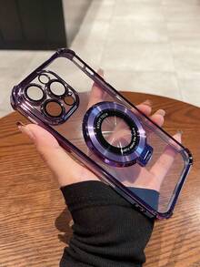 极简透明防震支架电镀手机壳，带镜头保护膜，兼容苹果17 Pro Max/16/15/14/13/12/11、16 Pro Max、13，CD图案支架，男女通用 - 紫色 - 查看 4