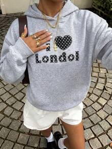 GLOpass Autumn/Winter Fashion Versatile Design Polka Dot & Letter Graphic Loose Casual Sweatshirt For Women - Grey - View 5
