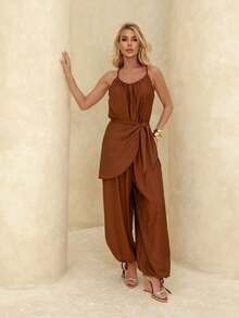 Women's Loose-Fitting Jumpsuit, Wide-Leg  Style, Jogger Style With Thin Straps And A Bow Tie - Comfortable And Elegant - 鏽棕色 - 查看 7