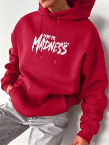 男士休闲时尚街头极限运动卡通印花袋鼠口袋抽绳宽松连帽衫，秋冬款 - 紅色 - 查看 2